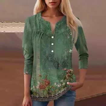 Женская повседневная футболка с цветочным принтом и V-образным вырезом, декоративная пуговица S синий