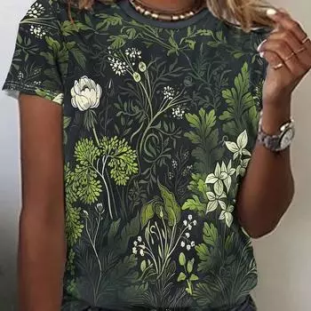 Женская повседневная футболка с цветочным принтом — круглый вырез, короткий рукав, мягкая полиэстеровая смесь, машинная стирка — идеально подходит для весны/лета S