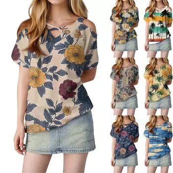 Женская повседневная футболка с цветочным принтом, открытыми плечами, V-образным вырезом и короткими рукавами L жёлтый