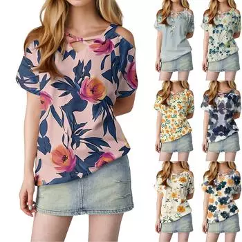 Женская повседневная футболка с цветочным принтом, открытыми плечами, V-образным вырезом и короткими рукавами L тёмно-синий