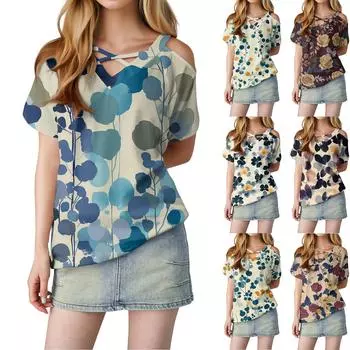 Женская повседневная футболка с цветочным принтом, открытыми плечами, V-образным вырезом и короткими рукавами XXL жёлтый