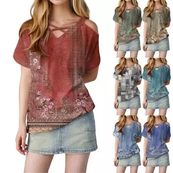 Женская повседневная футболка с цветочным принтом, открытыми плечами, V-образным вырезом и короткими рукавами L верблюд