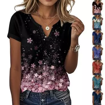 Женская повседневная футболка с цветочным принтом, пуловер с V-образным вырезом и коротким рукавом S