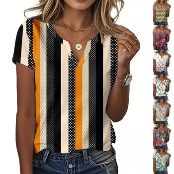 Женская повседневная футболка с цветочным принтом, пуловер с V-образным вырезом и коротким рукавом M белый