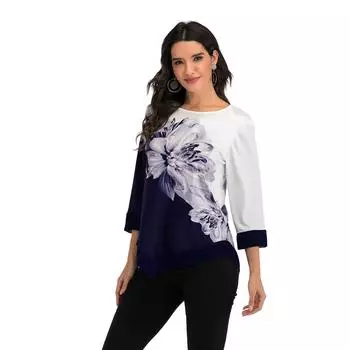 Женская повседневная футболка с цветочным принтом, свободная футболка средней длины с длинными рукавами S синий