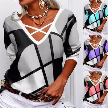 Женская повседневная футболка с длинным рукавом и V-образным вырезом, свободные мягкие топы с принтом 5XL фиолетовый