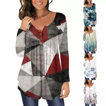 Женская повседневная футболка с длинным рукавом и открытым воротником на пуговицах с принтом, блузка, топ L серый