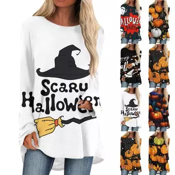 Женская повседневная футболка с длинным рукавом и круглым вырезом, топ с принтом «Хэллоуин» XL золотой