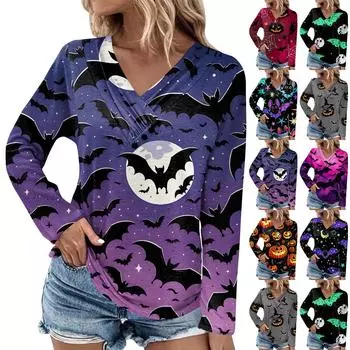 Женская повседневная футболка с длинным рукавом и плиссированной пуговицей с v-образным вырезом и принтом Хэллоуина Топ S зелёный