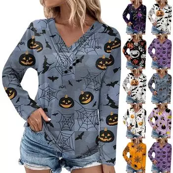 Женская повседневная футболка с длинным рукавом и плиссированной пуговицей с v-образным вырезом и принтом Хэллоуина Топ L чёрный