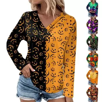Женская повседневная футболка с длинным рукавом и плиссированной пуговицей с v-образным вырезом и принтом Хэллоуина Топ XL зелёный