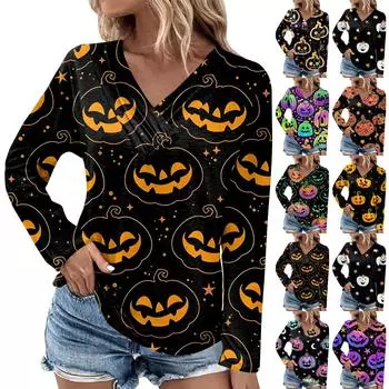Женская повседневная футболка с длинным рукавом и плиссированной пуговицей с v-образным вырезом и принтом Хэллоуина Топ M белый