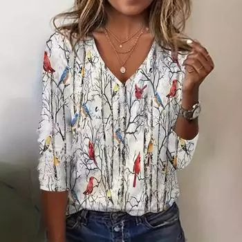 Женская повседневная футболка с длинным рукавом и принтом, топ с V-образным вырезом M белый