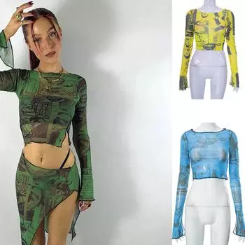 Женская повседневная футболка с длинным рукавом, модная сетчатая пряжа с принтом, топы с открытым пупком и разрезом S зелёный