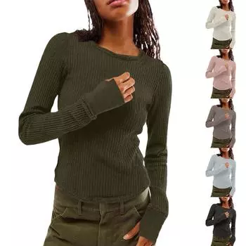 Женская повседневная футболка с длинным рукавом, осенне-зимняя однотонная тонкая футболка-пуловер, нижняя часть рубашки, верх S серый