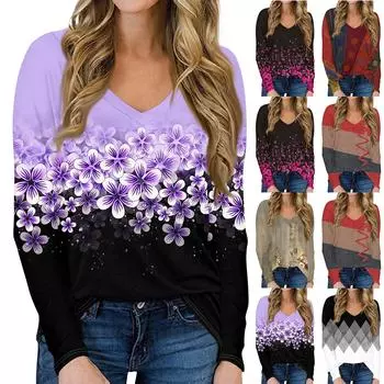 Женская повседневная футболка с длинными рукавами и V-образным вырезом с геометрическим цветочным принтом, топ, пуловер XXL винный