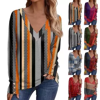 Женская повседневная футболка с длинными рукавами и v-образным вырезом с принтом и декоративными пуговицами, топ XXXL чёрный