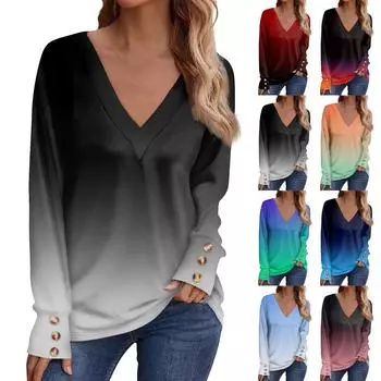 Женская повседневная футболка с длинными рукавами и v-образным вырезом с принтом и декоративными пуговицами, топ XL серый