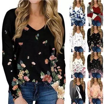 Женская повседневная футболка с длинными рукавами и V-образным вырезом, топ, пуловер XL