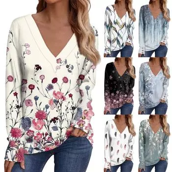 Женская повседневная футболка с длинными рукавами и v-образным вырезом с принтом и декоративными пуговицами, топ L чёрный