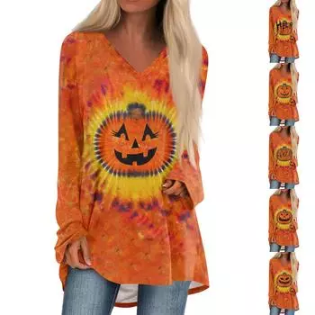 Женская повседневная футболка с длинными рукавами и V-образным вырезом с принтом Halloweenl, длинная свободная футболка XL оранжевый