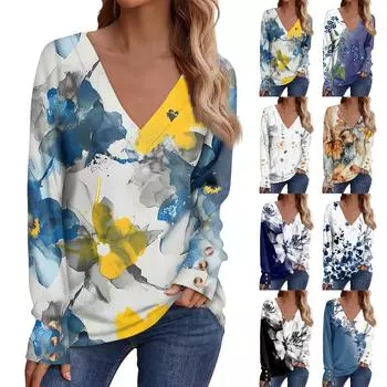 Женская повседневная футболка с длинными рукавами и v-образным вырезом с принтом и декоративными пуговицами, топ L чёрный