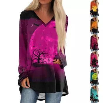 Женская повседневная футболка с длинными рукавами и V-образным вырезом с принтом Halloweenl, длинная свободная футболка XXXL оранжевый