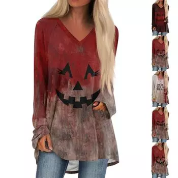 Женская повседневная футболка с длинными рукавами и V-образным вырезом с принтом Halloweenl, длинная свободная футболка L кофейный