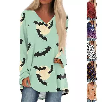 Женская повседневная футболка с длинными рукавами и V-образным вырезом с принтом Halloweenl, длинная свободная футболка S