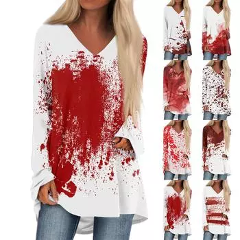 Женская повседневная футболка с длинными рукавами и V-образным вырезом с принтом Halloweenl, длинная свободная футболка S