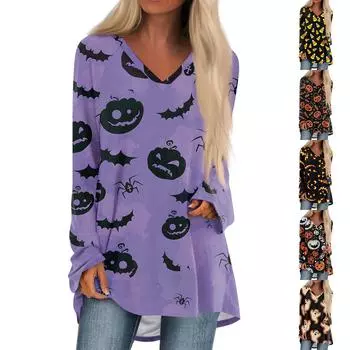 Женская повседневная футболка с длинными рукавами и V-образным вырезом с принтом Halloweenl, длинная свободная футболка M коричневый