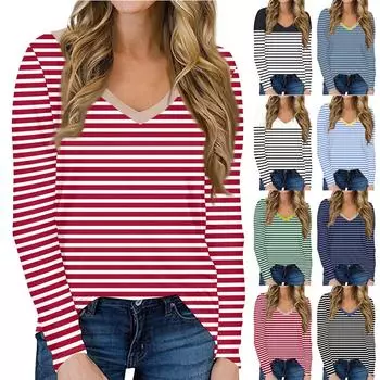 Женская повседневная футболка с длинными рукавами и V-образным вырезом с геометрическим принтом, топ, пуловер M зелёный