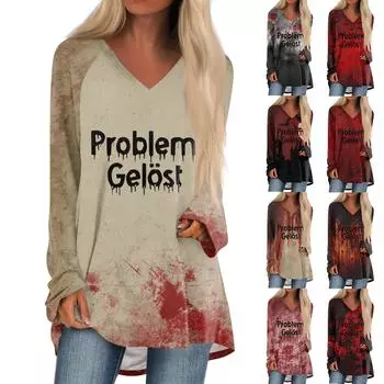 Женская повседневная футболка с длинными рукавами и V-образным вырезом с принтом Halloweenl, длинная свободная футболка L бежевый