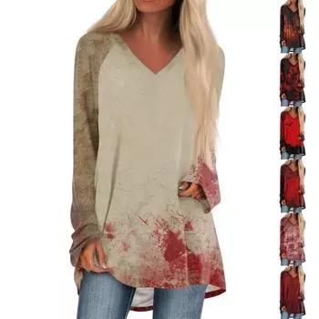 Женская повседневная футболка с длинными рукавами и V-образным вырезом с принтом Halloweenl, длинная свободная футболка XXXL чёрный