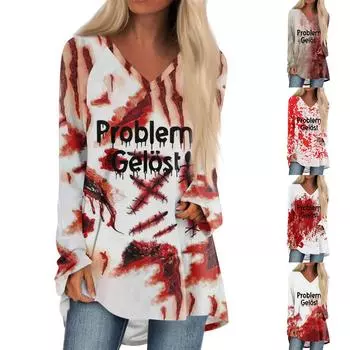 Женская повседневная футболка с длинными рукавами и V-образным вырезом с принтом Halloweenl, длинная свободная футболка XXL