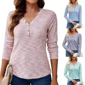 Женская повседневная футболка с длинными рукавами и V-образным вырезом, свободная, с длинными рукавами и застежкой на пуговицы S