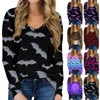 Женская повседневная футболка с длинными рукавами и V-образным вырезом с принтом на Хэллоуин, топ, пуловер M красный