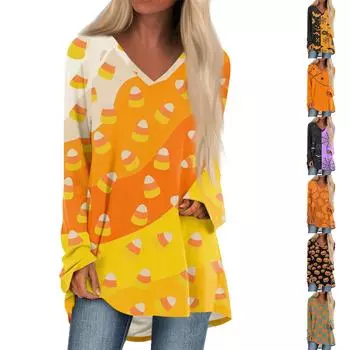 Женская повседневная футболка с длинными рукавами и V-образным вырезом с принтом Halloweenl, длинная свободная футболка XXXXL шафрановый