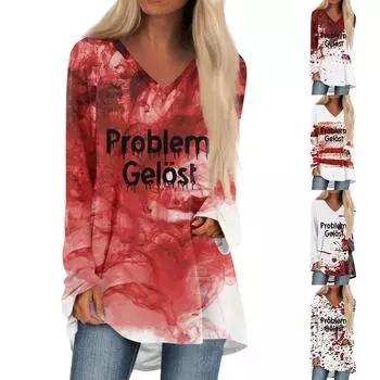 Женская повседневная футболка с длинными рукавами и V-образным вырезом с принтом Halloweenl, длинная свободная футболка XXXXL винный