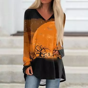 Женская повседневная футболка с длинными рукавами и V-образным вырезом с принтом Halloweenl, длинная свободная футболка XXXL шафрановый