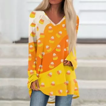 Женская повседневная футболка с длинными рукавами и V-образным вырезом с принтом Halloweenl, длинная свободная футболка L жёлтый