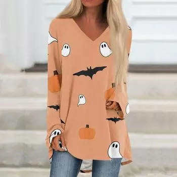 Женская повседневная футболка с длинными рукавами и V-образным вырезом с принтом Halloweenl, длинная свободная футболка XXXXL