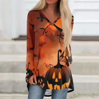 Женская повседневная футболка с длинными рукавами и V-образным вырезом с принтом Halloweenl, длинная свободная футболка L шафрановый