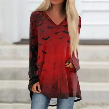 Женская повседневная футболка с длинными рукавами и V-образным вырезом с принтом Halloweenl, длинная свободная футболка L