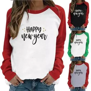 Женская повседневная футболка с длинными рукавами с новогодним принтом и рукавами реглан, топ L чёрный