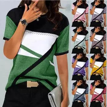 Женская повседневная футболка с геометрическим принтом, блузка с коротким рукавом, повседневные топы с круглым вырезом L чёрный