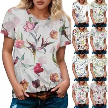 Женская повседневная футболка с коротким рукавом и круглым вырезом с принтом L синий