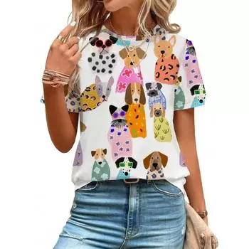 Женская повседневная футболка с коротким рукавом и круглым вырезом с принтом мультяшной собаки S