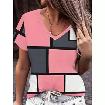 Женская повседневная футболка с коротким рукавом и V-образным вырезом, дышащая летняя одежда с 3D-принтом, универсальный модный повседневный топ S