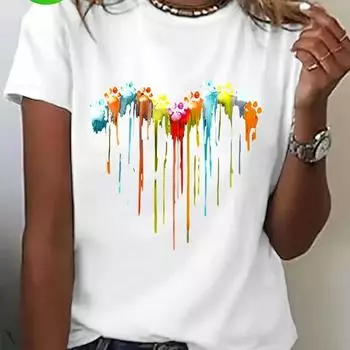Женская повседневная футболка с коротким рукавом, красочный отпечаток лапы и красочный дизайн сердца в стиле дрип-арт, модная и художественная футболка 2XS